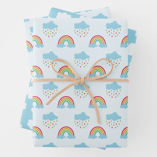 Rainbows & Clouds Pattern Wrapping Paper Sheets (In situ)