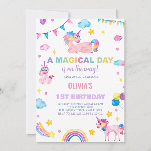 Rainbows Flags Unicorn Birthday Invitations (Front)
