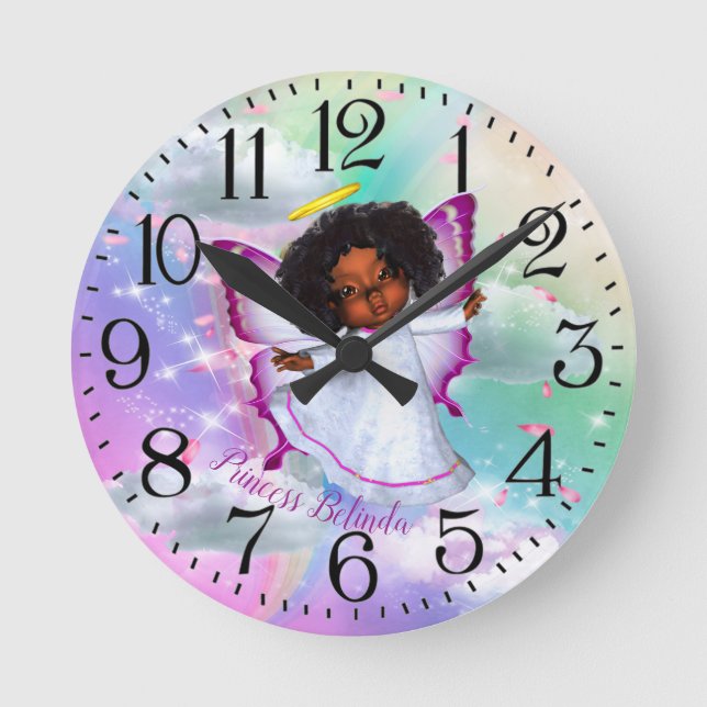 Rainbows, Fluffy clouds & Butterfly Baby Girl Round Clock (Front)