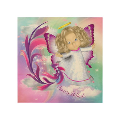 Rainbows Fluffy clouds  Butterfly Baby Girl Wood Wall Art