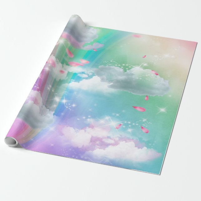 Rainbows, Fluffy clouds, Stars Baby Shower Wrapping Paper (Unrolled)