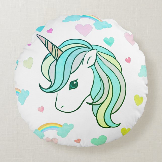 Rainbows & Green Unicorn Heart Print Round Pillow (Front)