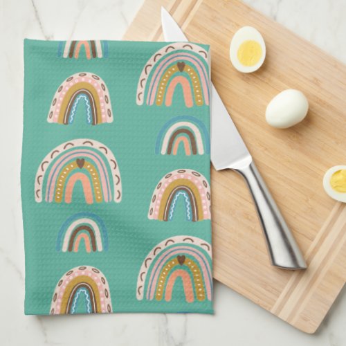 Rainbows hand drawn doodle style Boho Scandi  Kitchen Towel