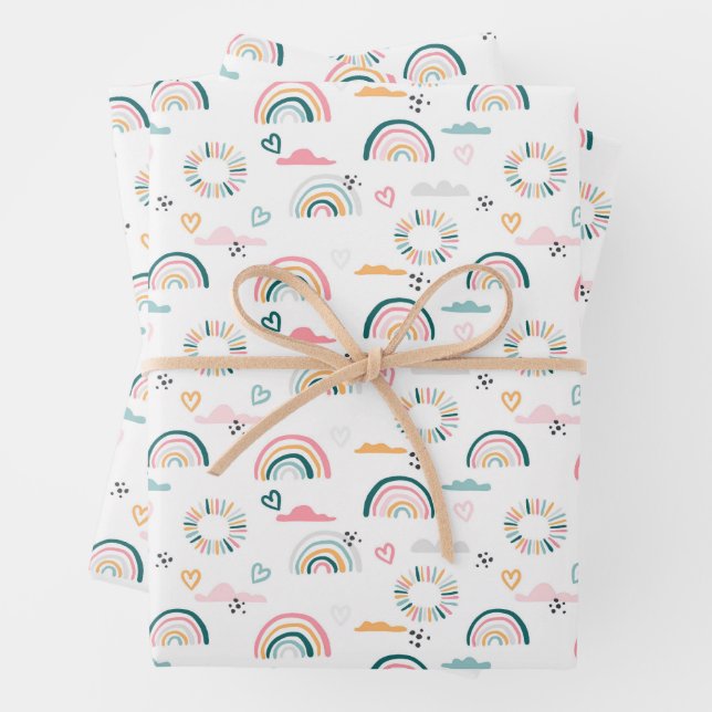 Rainbows & Hearts Pattern Wrapping Paper Sheets (In situ)