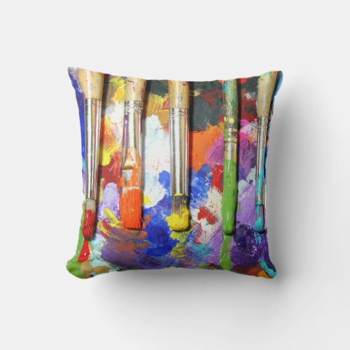 Rainbows In Progress Artists Brushes Throw Pillow