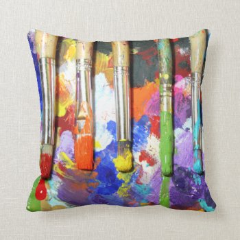 Rainbows In Progress Artist's Brushes Throw Pillow by time2see at Zazzle