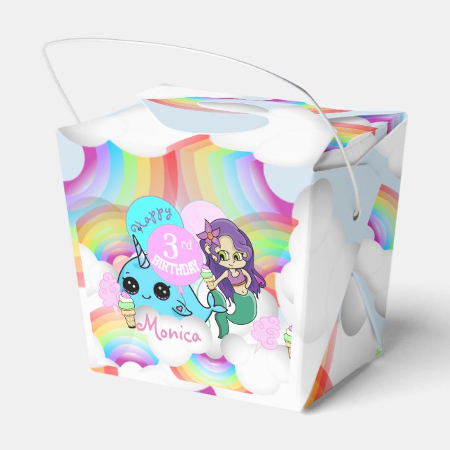 Rainbows Narwhal, Mermaid Party Favor Boxes (Back Side)