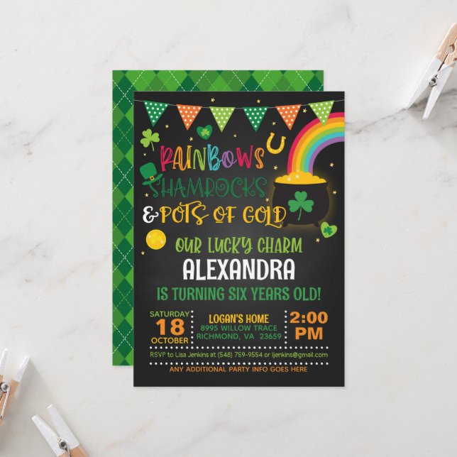 Rainbows, Shamrocks and Pots of Gold (B) Birthday  Invitation (Front/Back In Situ)