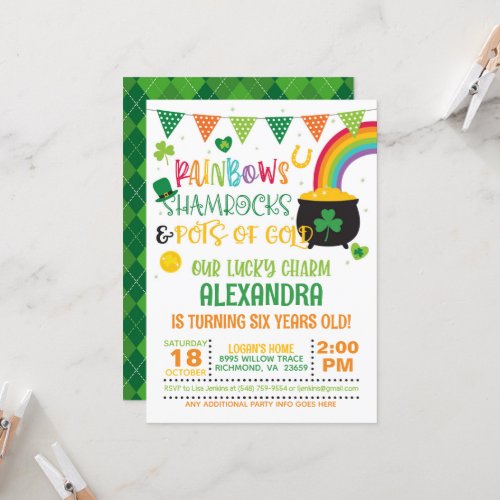 Rainbows Shamrocks and Pots of Gold Birthday Invitation