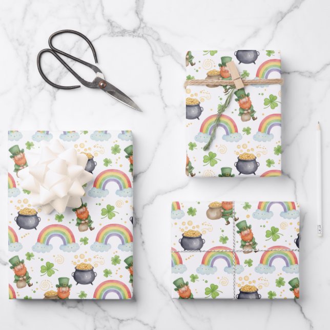 Rainbows Shamrocks Leprechauns St Patrick's Day  Wrapping Paper Sheets (Front)