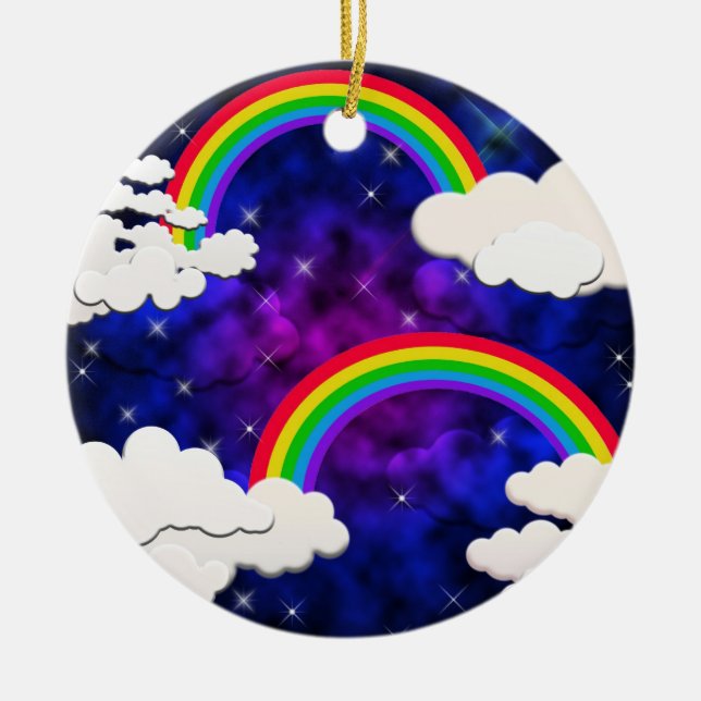 Rainbows, Stars and Clouds in a Night Sky Ceramic Ornament (Front)
