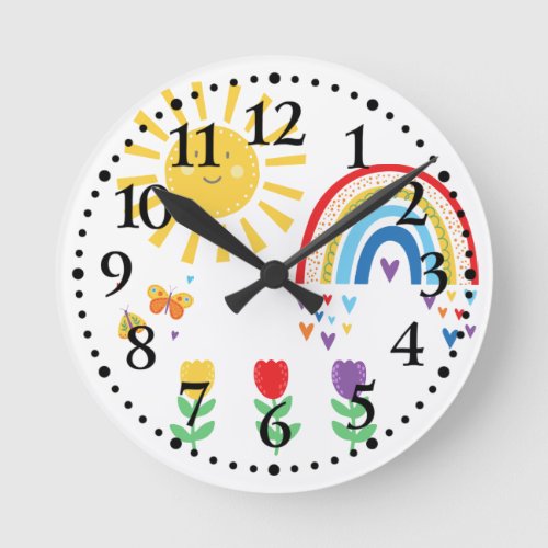 Rainbows Sunshine Butterflies Tulips Kids Round Clock