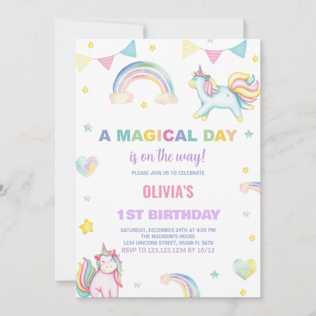Rainbows Unicorn Birthday Invitations (Front)