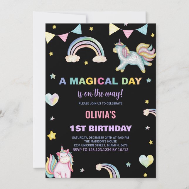 Rainbows Unicorn Birthday Invitations (Front)