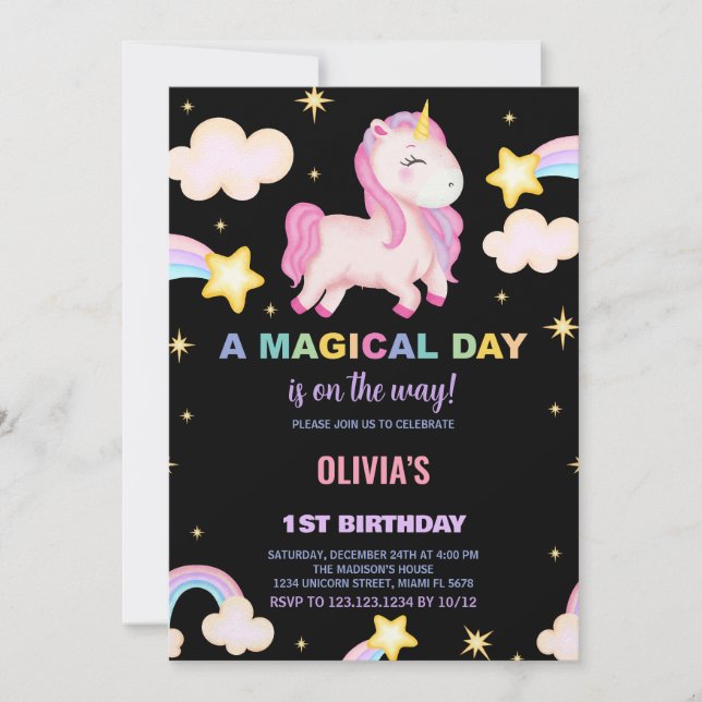 Rainbows Unicorn Birthday Invitations (Front)
