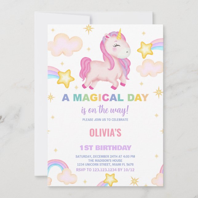 Rainbows Unicorn Birthday Invitations (Front)