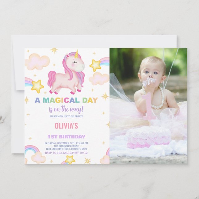 Rainbows Unicorn Birthday Invitations with photo (Front)