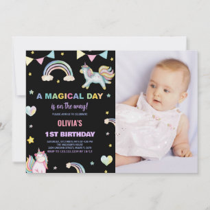 Rainbows Unicorn Birthday Invitations with photo