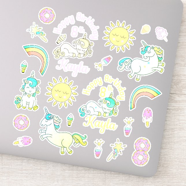 Rainbows, Unicorns Donut Personalized Birthday Sticker (Detail)