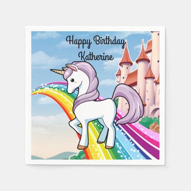 Rainbows & Unicorns Girl's Birthday Party Napkins (Front)