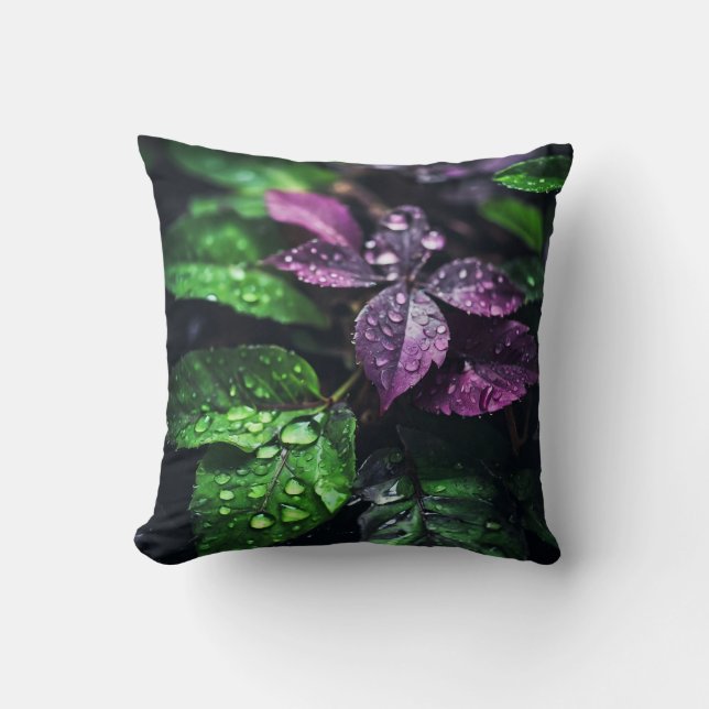 “Raindrop Symphony: Vibrant Leaves" Throw Pillow (Front)