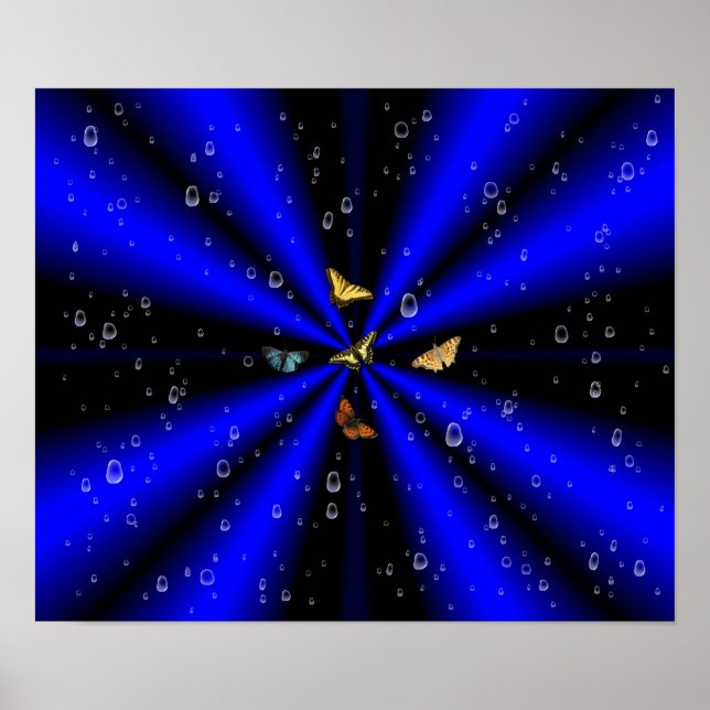 Raindrops and Butterfly on black and blue Poster (Front)