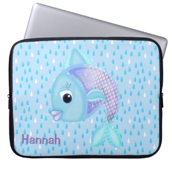 Raindrops And Cute Blue Fish Laptop Sleeve by Hannahscloset at Zazzle