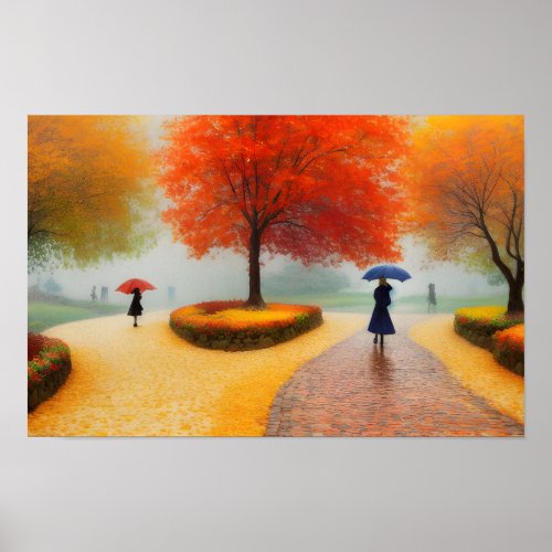 Raindrops and Leaves Impressionist Walkway Poster