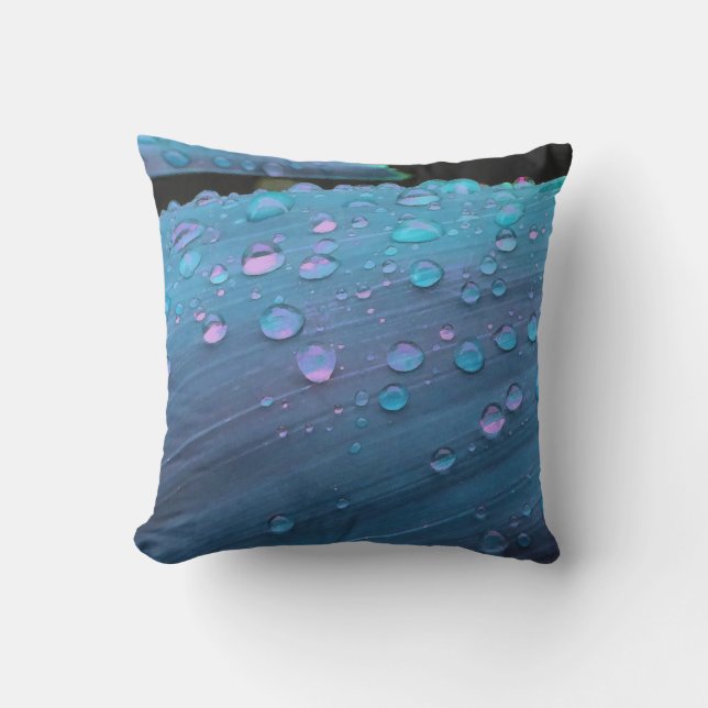 Raindrops Closeup, Spacey Blues Throw Pillow (Front)