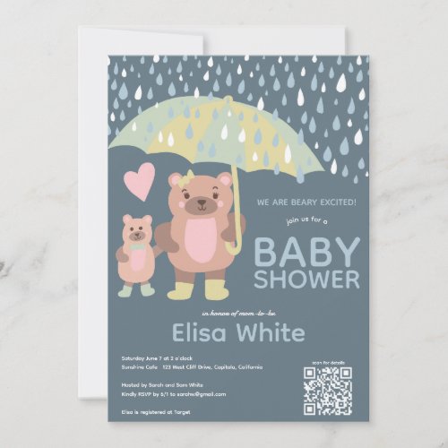 Raindrops Mama  Baby Bear QR CODE Custom Shower Invitation