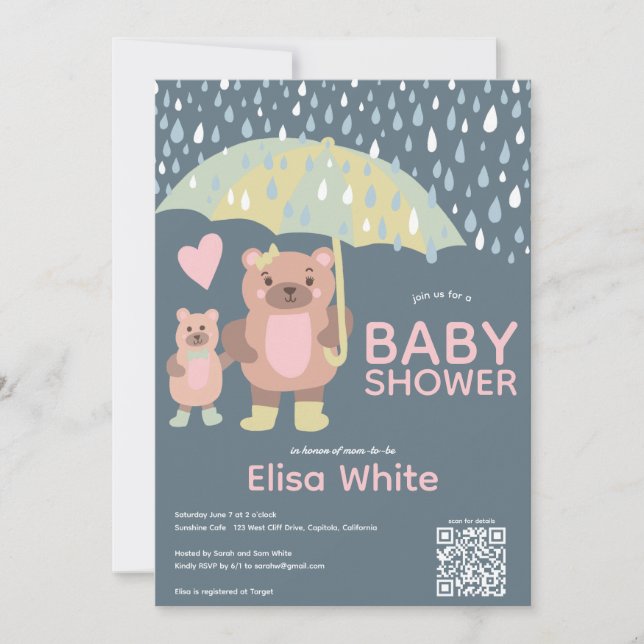 Raindrops Mama & Baby Bear QR CODE Custom Shower Invitation (Front)