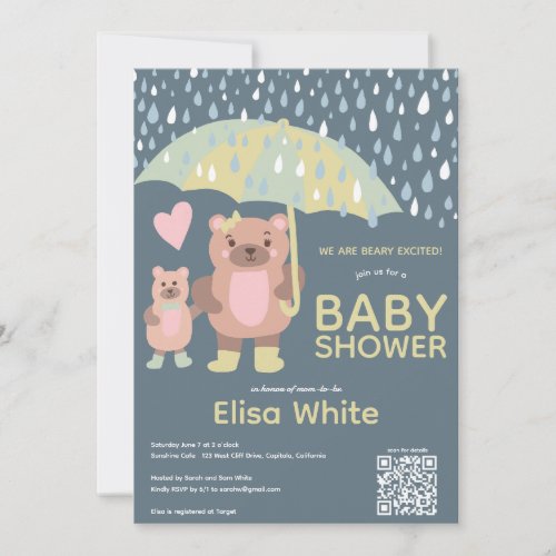 Raindrops Mama  Baby Bear QR CODE Custom Shower Invitation