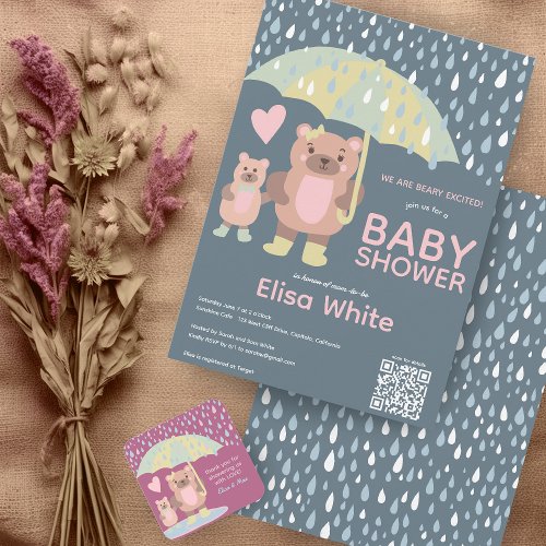 Raindrops Mama  Baby Bear QR CODE Custom Shower Invitation