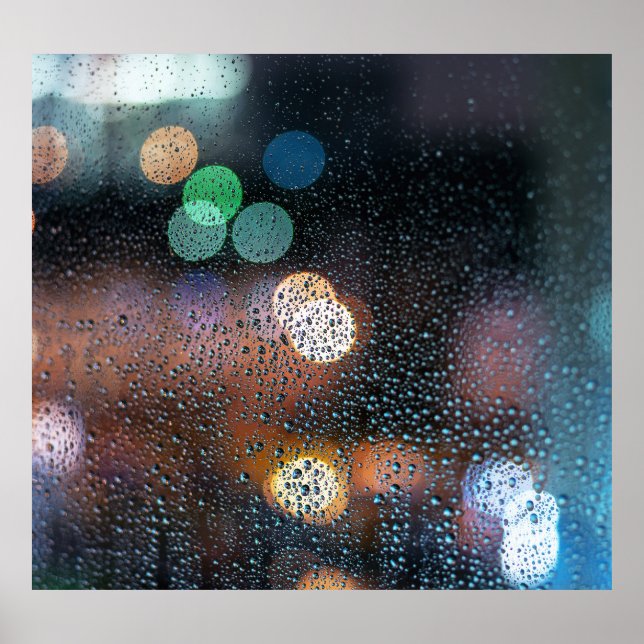 Raindrops, night city: window view. poster (Front)