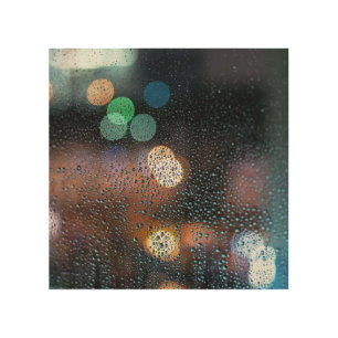 Raindrops, night city: window view. wood wall art
