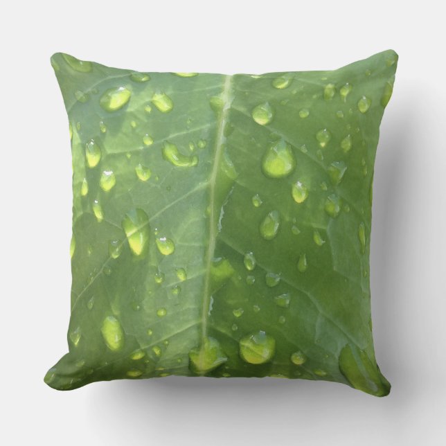 Raindrops on a Leaf Outdoor Pillow (Front)