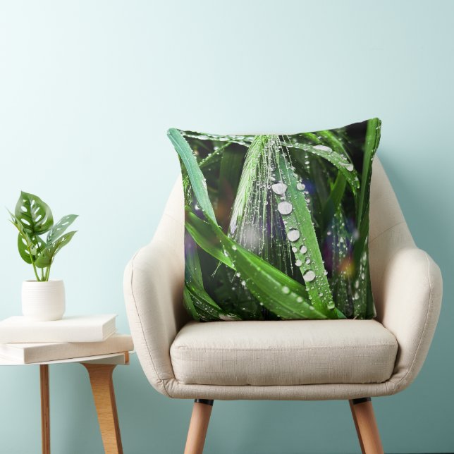 Raindrops on Blades of Grass Throw Pillow (Chair)