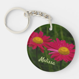 Raindrops on Bright Pink Daisies Personalized Keychain