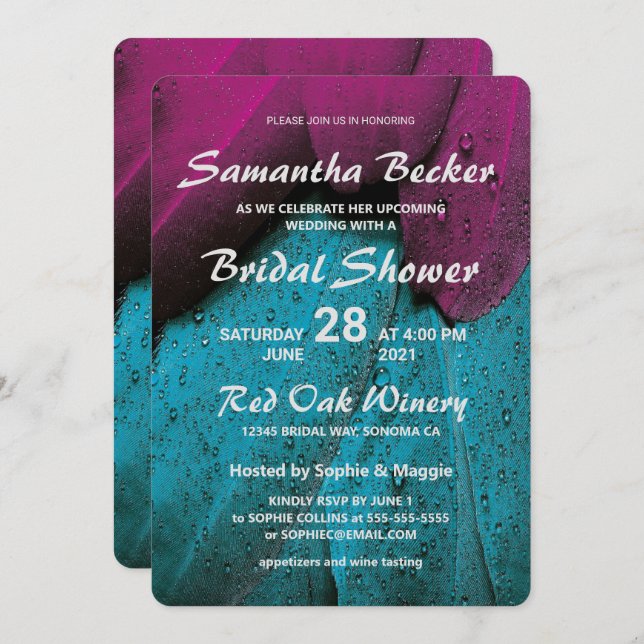 Raindrops on Colorful Feathers Bridal Shower Invitation (Front/Back)