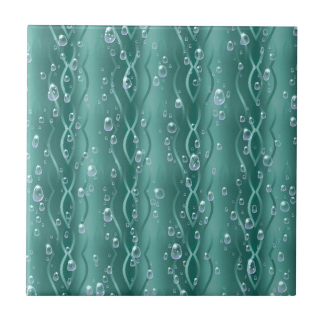 Raindrops on Green Metal Ceramic Tile (Front)