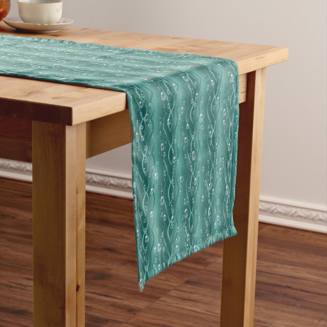 Raindrops on Green Metal Medium Table Runner (In Situ)