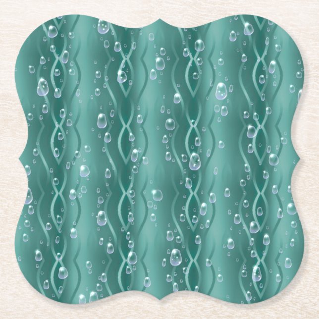Raindrops on Green Metal Paper Coaster (Front)