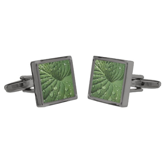 Raindrops on Hosta Leaf Cufflinks (Angled)
