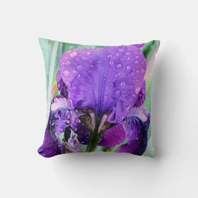Raindrops on Iris Throw Pillow (Front)