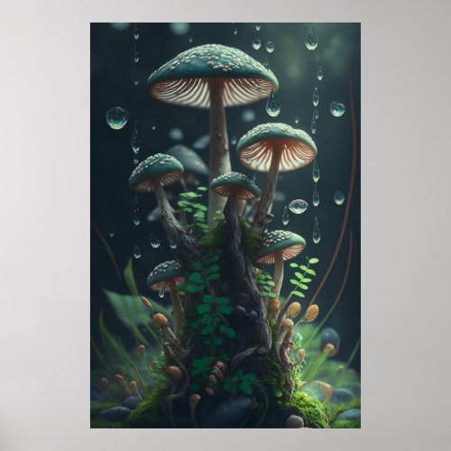 Raindrops on Mushrooms Poster