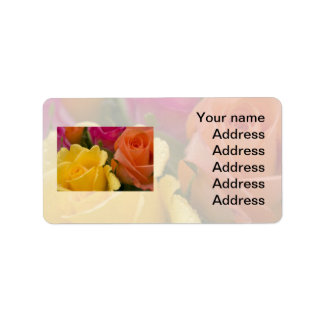 Raindrops on Yellow Orange and Pink Roses Label