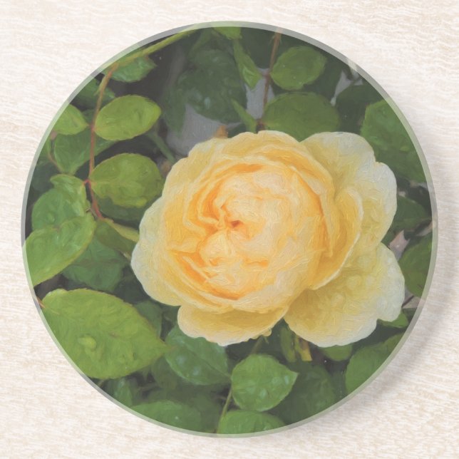 Raindrops on Yellow Rose Sandstone Coaster (Front)