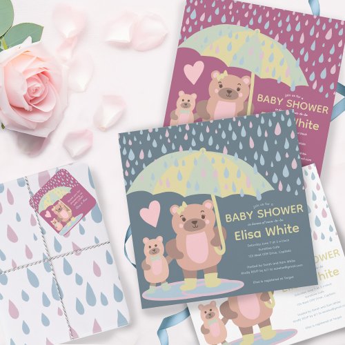 Raindrops Puddles Mama  Baby Bear Custom Shower Invitation