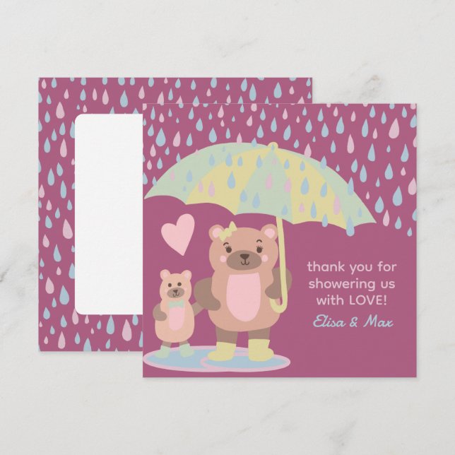 Raindrops Puddles Mama & Baby Bear Custom Shower Thank You Card (Front/Back)