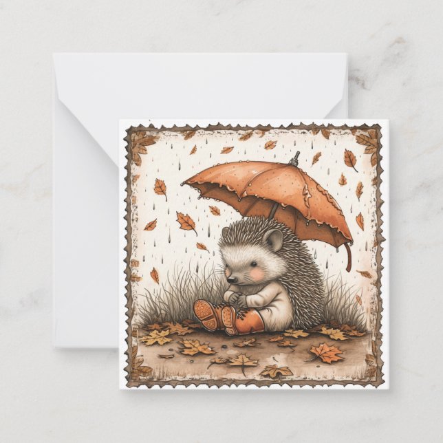 Raindrops & Rainbows: Hedgehog Rainy Note Card (Front)